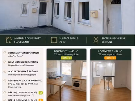 immeuble de rapport 79 m² – 2 logements – dpe d & e – béthune – idéal investisseur