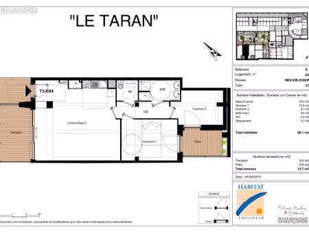 appartement 3 pièces 69 m²