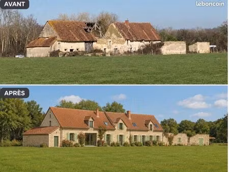 à 3 h de paris – longère de 300 m² sur 7 ha de terres libres avec rivière – corps de ferme