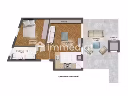 deux pièces, terrasse 25m2, centre-ville