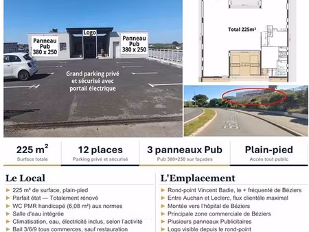à louer  beau local commercial/bureau 225m2 idéalement situé entre auchan et leclerc bézie