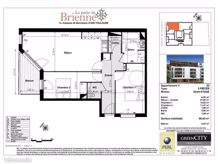 appartement 3 pièces 69 m²
