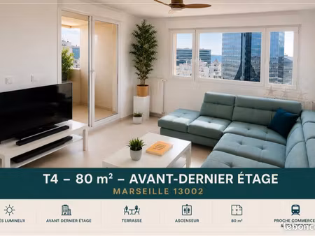 t4 80 m² – avant-dernier étage – terrasse – vue mer et ville – marseille 13002