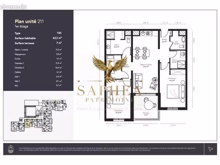 appartement 3 pièces 62 m²