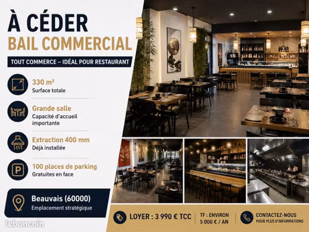 local commercial 330m² – idéal restaurant – tout commerce
