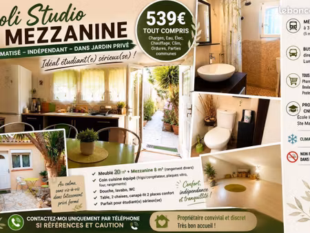 studio meublé indépendant étudiant(e) climatisé 28 m² + mezzanine - marseille 9e - 539 cc