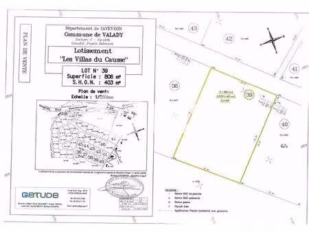 vente terrain 806m2 valady 12330 - 55500 € - surface privée