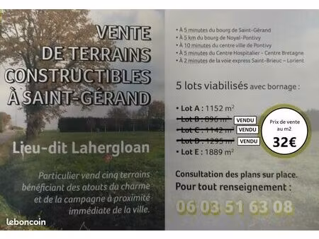 terrain constructible 32/m2 à saint-gérand (56)