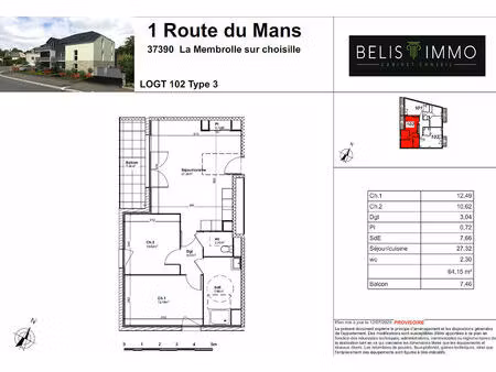 vente appartement 3 pièces 64 m² la membrolle-sur-choisille (37390)