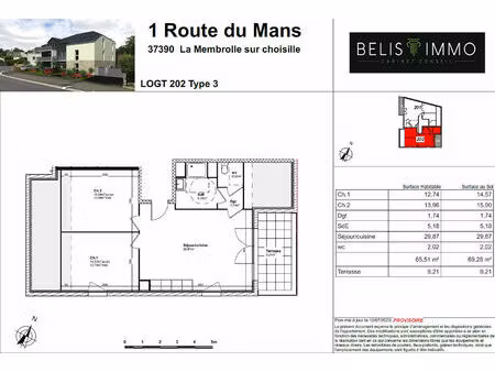 vente appartement 3 pièces 65 m² la membrolle-sur-choisille (37390)