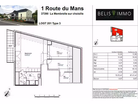 vente appartement 3 pièces 70 m² la membrolle-sur-choisille (37390)