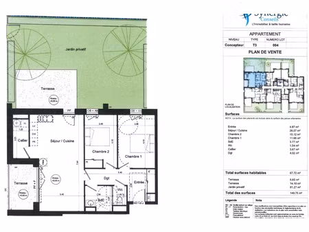 appartement t3 67.72m² avec terrasse et jardin privatif