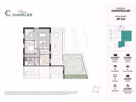 appartement au rez-de-chaussée  2 chambres et bureau avec ex
