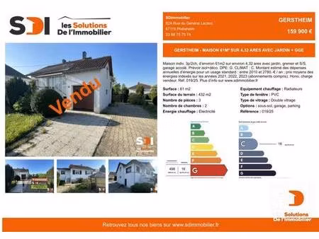 gerstheim - maison 61m² sur 4 32 ares avec jardin + gge - gerstheim