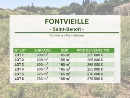 vente terrain 600 m² à fontvieille (13990)  255 000 €