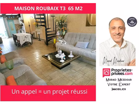 vente maison 3 pièces 65 m² à roubaix (59100)  71 000 €