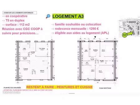 a vendre 113 m2 dans coopérative d'habitants