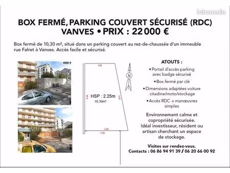 box fermé  parking couvert sécurisé (rdc) vanves • prix : 22 000