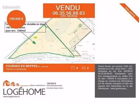 terrain 1300 m² fournes en weppes
