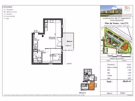 vente appartement 2 pièces 48.63 m² à saint-just (01250)  145 000 €