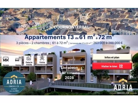 en vente appartement 61 m² – 263 000 € |cournonterral