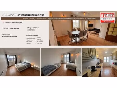 hyper centre vernon - 3p 80 m2 rénové + cave