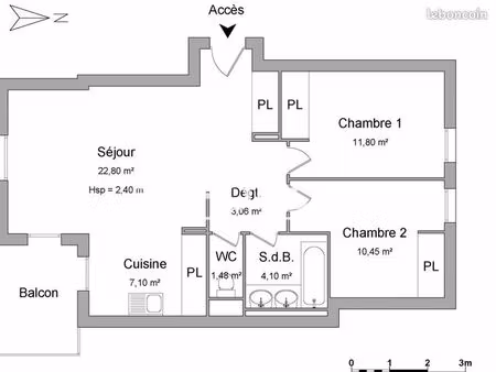 appartement 3 pièces 60 m²