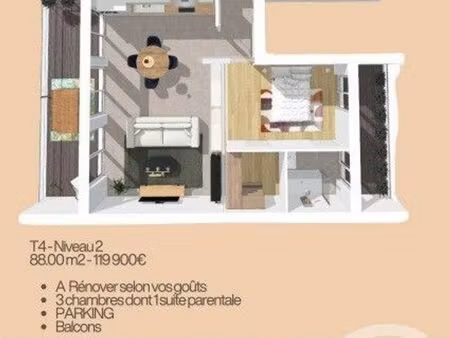 appartement t4 à vendre - 4 pièces - 87 47 m2 - brive la gaillarde - 19 - limousin