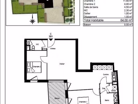 appartement 3 pièces 64 m²