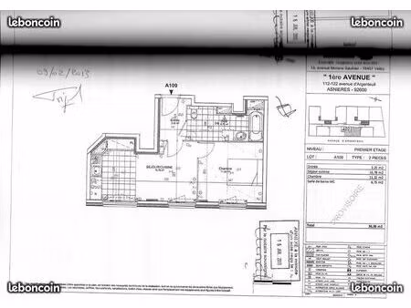 appartement 2 pieces 39 m2 /bbc- rt 2012- asnieres s/seine