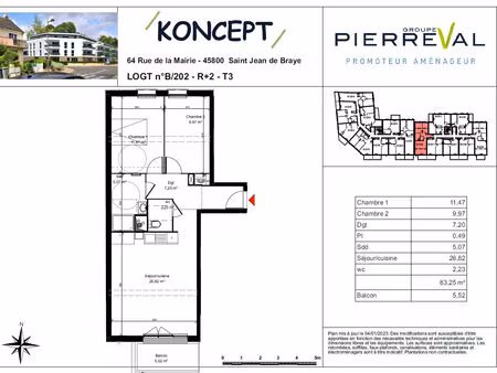 b202 - appartement neuf saint jean de braye 3 pièce(s) 63.25m²