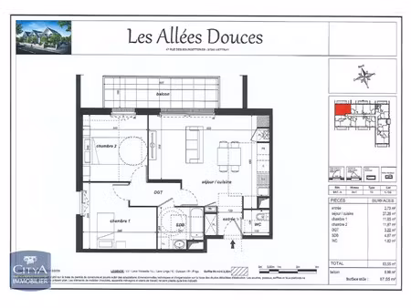 appartement à louer 3 pièces 63.55 m² - mettray (37) - 753€