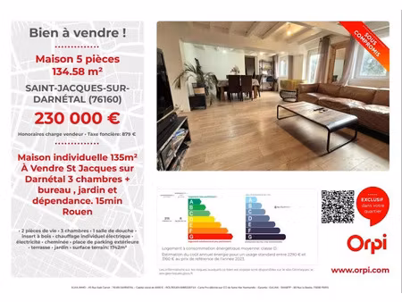 vente maison 5 pièces 134 m² à saint-jacques-sur-darnétal (76160)  230 000 €