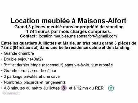 location meublée à maisons-alfort grand 3 pièces meublé dans copropriété de standing - loy