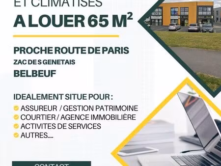 à louer – bureaux modernes  lumineux et climatisés – belbeuf (65 m²)