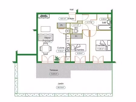 appartement 3 pièces  59 m²  dijon