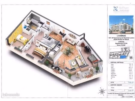 beau t4 meublé en dernier étage avec ascenseur et terrasse