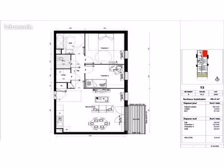 appartement 3 pièces 66 m²