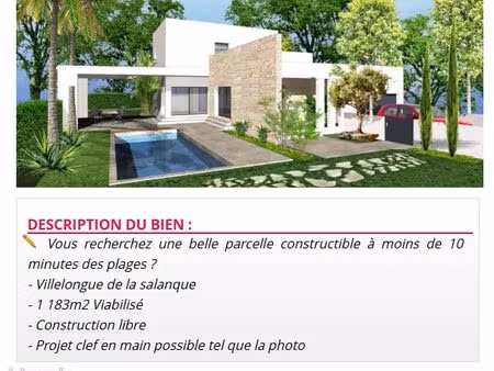 vente terrain constructible 1183m2 à villelongue de la salanque