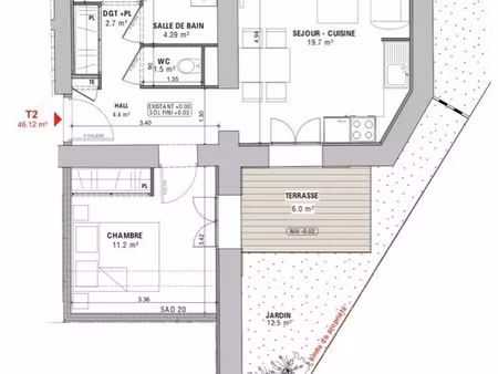 t2 meublé 46 m² avec patio – centre st genis laval – parking sécurisé – dispo 21 mars