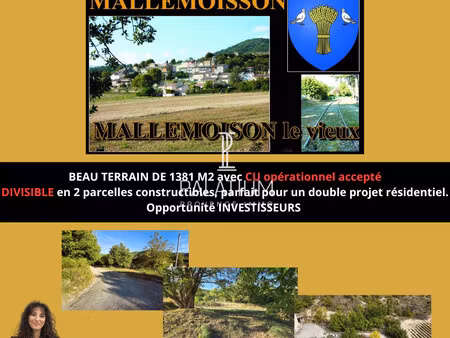 exclusivité ! terrain constructible de 1380 m2 à mallemoisson