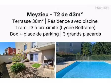 meyzieu : t2 avec terrasse de 38 m² avec box et parking + piscine