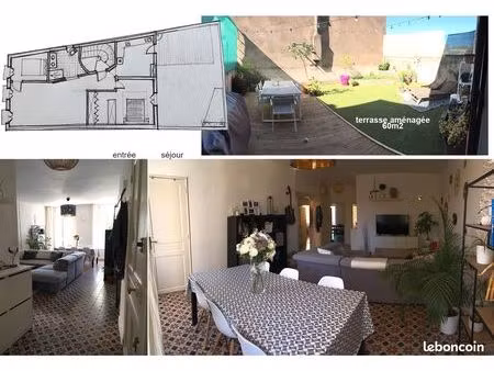 t3 de 77m2 + terrasse 60 m2 + garage 60 m2 + combles en plein centre