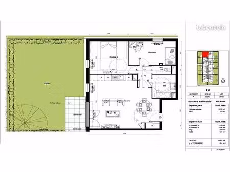 appartement 3 pièces 65 m²