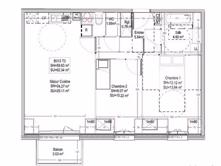 appartement 3 pièces 62 m²