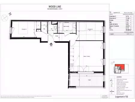 lyon 7ème - rue montesquieu - appartement de 61 89 m²  2 chambres  loggia  cave
