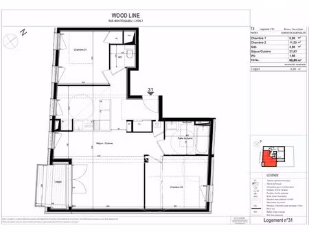 lyon 7ème - rue montesquieu - appartement de 65 80 m²  2 chambres  loggia  cave