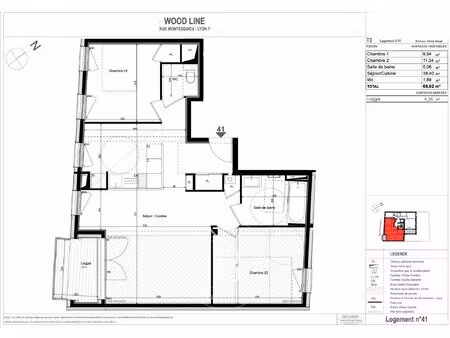 lyon 7ème - rue montesquieu - appartement de 66 62 m²  2 chambres  loggia  cave