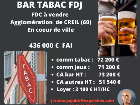 bar  fdj  fonds de commerce  tabac 120 m² creil