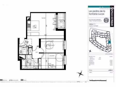 appartement 3 pièces 64 m²
